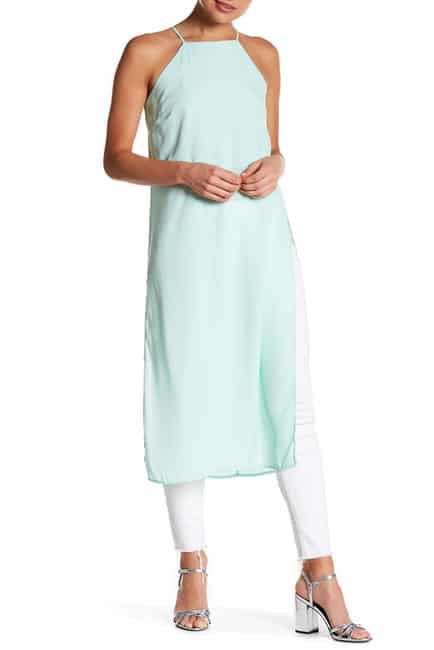 Mint green, long-line, sleeveless tunic with side slits