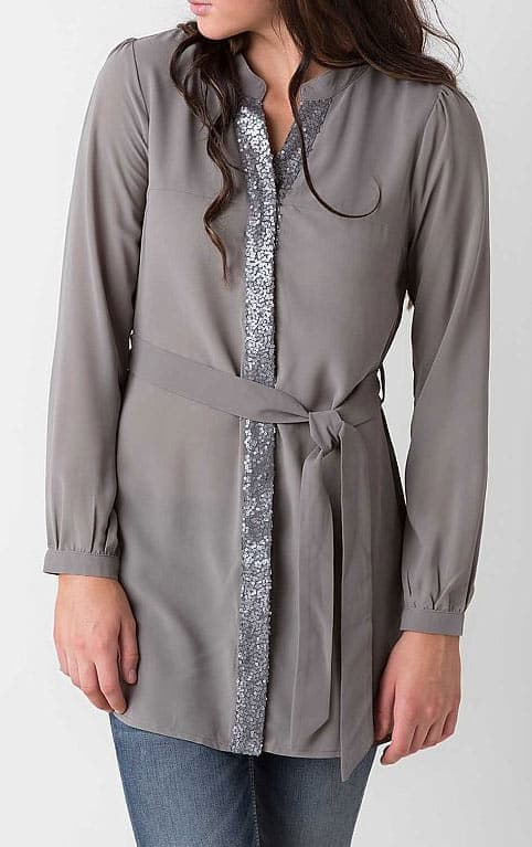 Dark Grey, button down, belted tunic with sequin detail