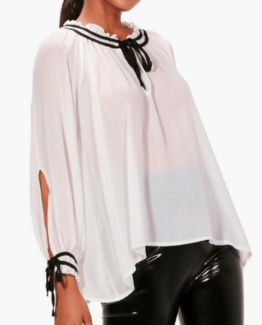 White and black tie-neck blouse