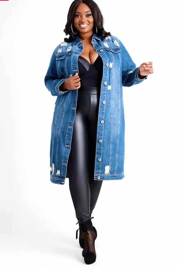 Model wears longline denim jacket from Ashley Stewart stores.
