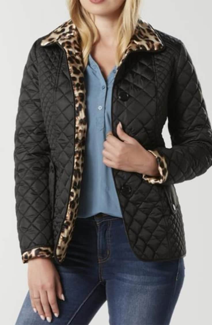 Puffer jacket with leopard trim
