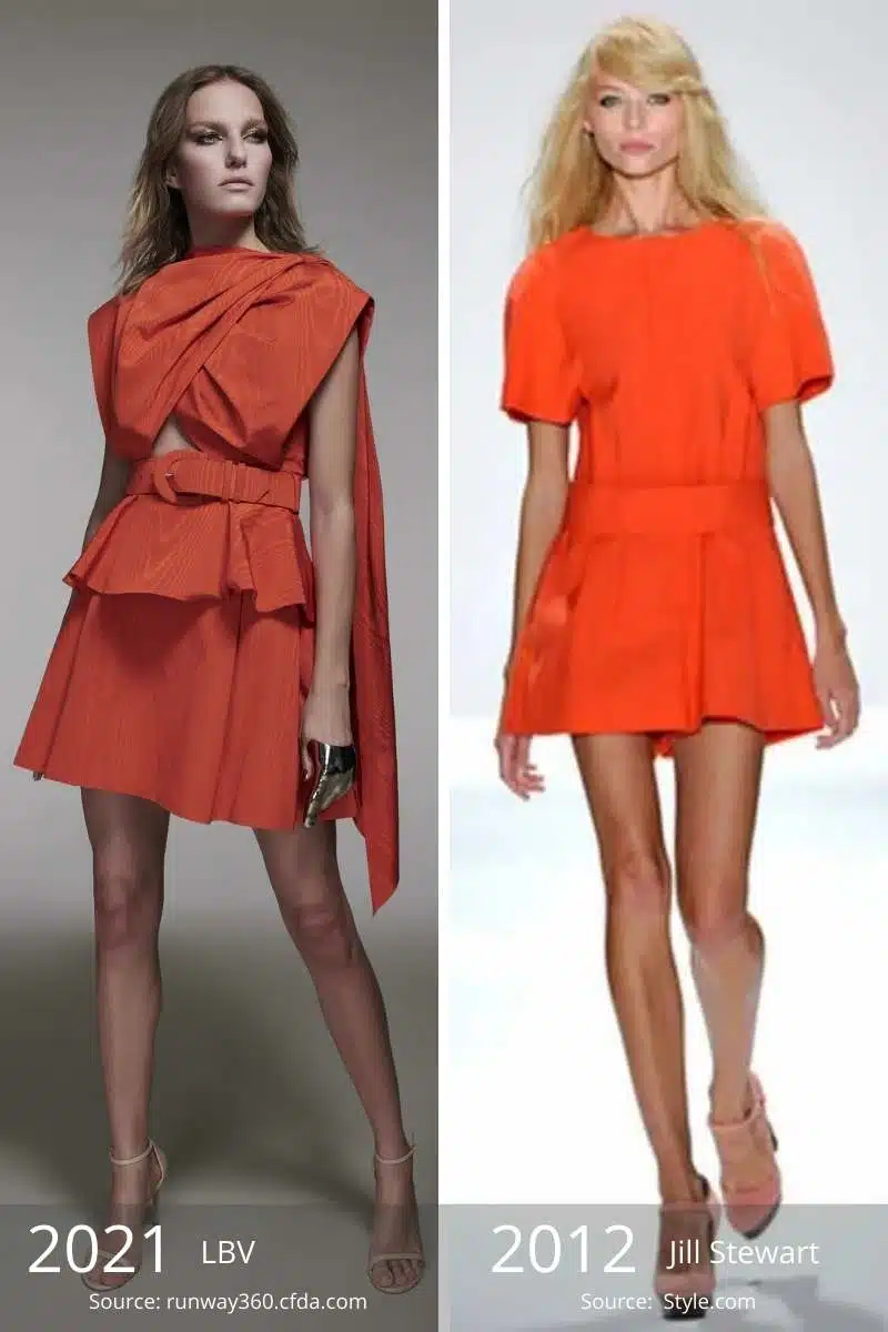 Side by side of 2021 orange dress and 2012 orange dress.