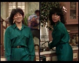 Collage of Clair Huxtable wearing green