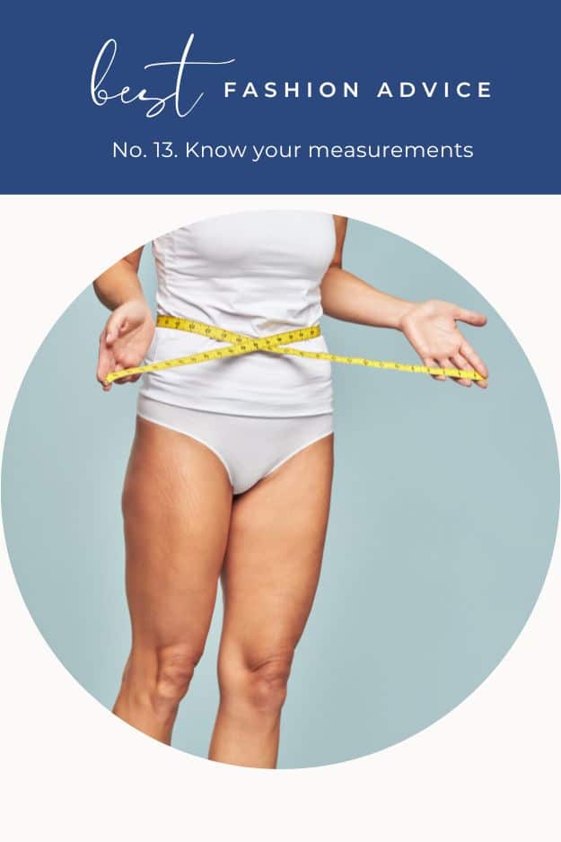Close up view of woman measuring her waist with text overlay that reads best fashion advice -- know your measurements.
