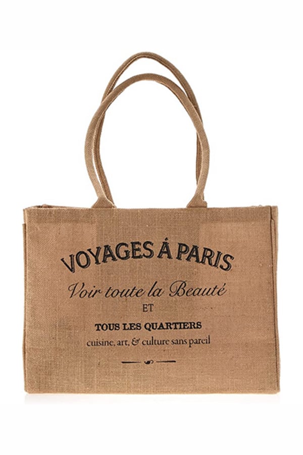 Jute reusable grocery bag with French writing.