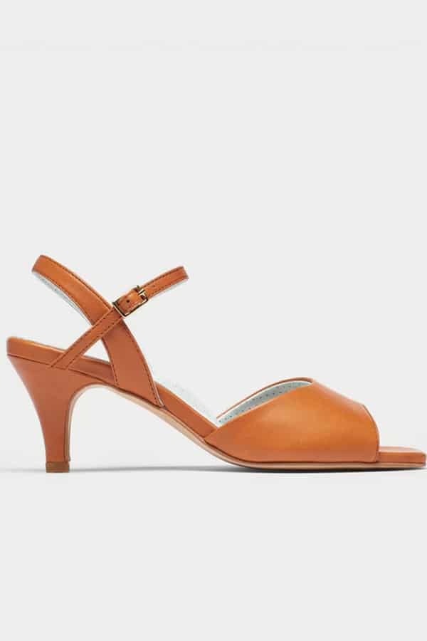 Tan leather heeled shoes for bunion sufferers by Cala Shoes.