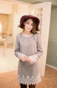 Tokyo Fashion Long-Sleeve Lace-Trim Beaded Dress