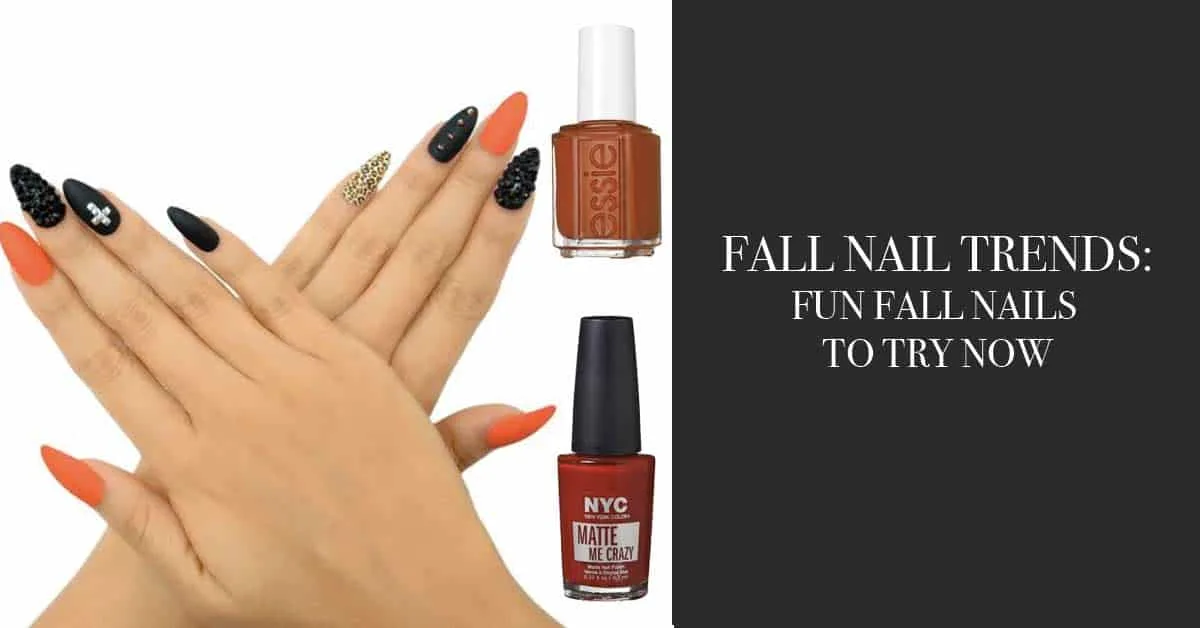 fall nail trends - collage of press on nails and nail polish in fall colors