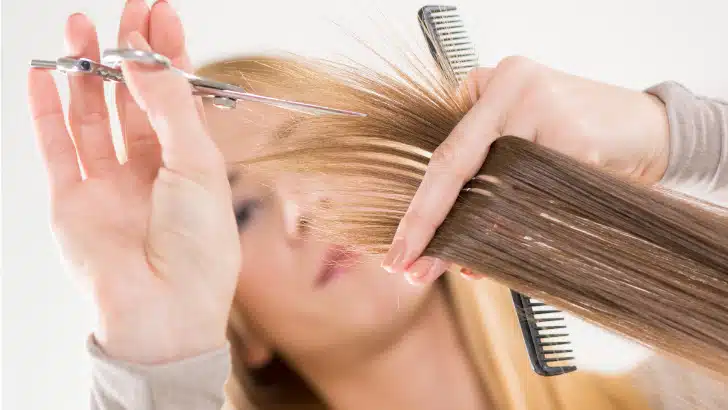 Close up of stylist cutting hair.