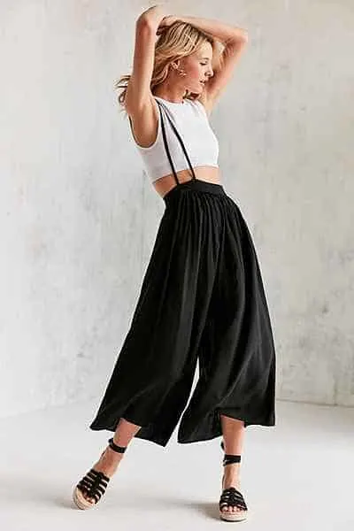 black wide-legged culottes with suspender strap