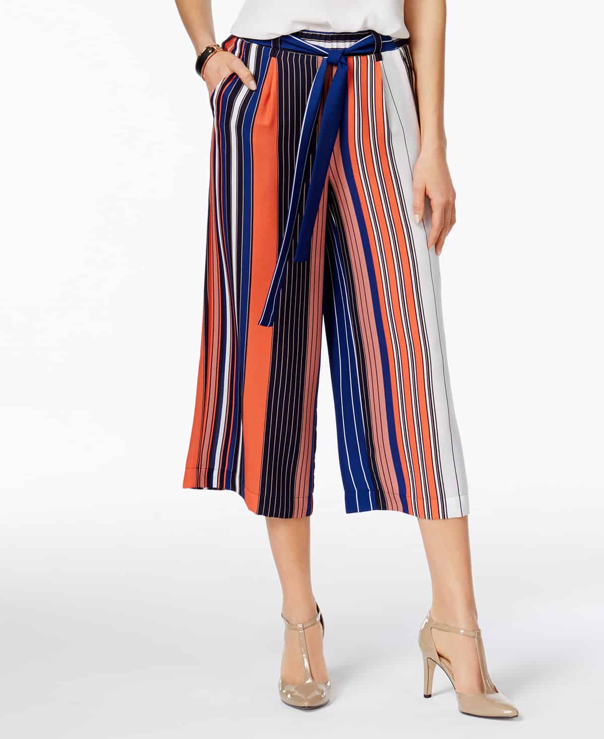 striped tie-waist culottes 