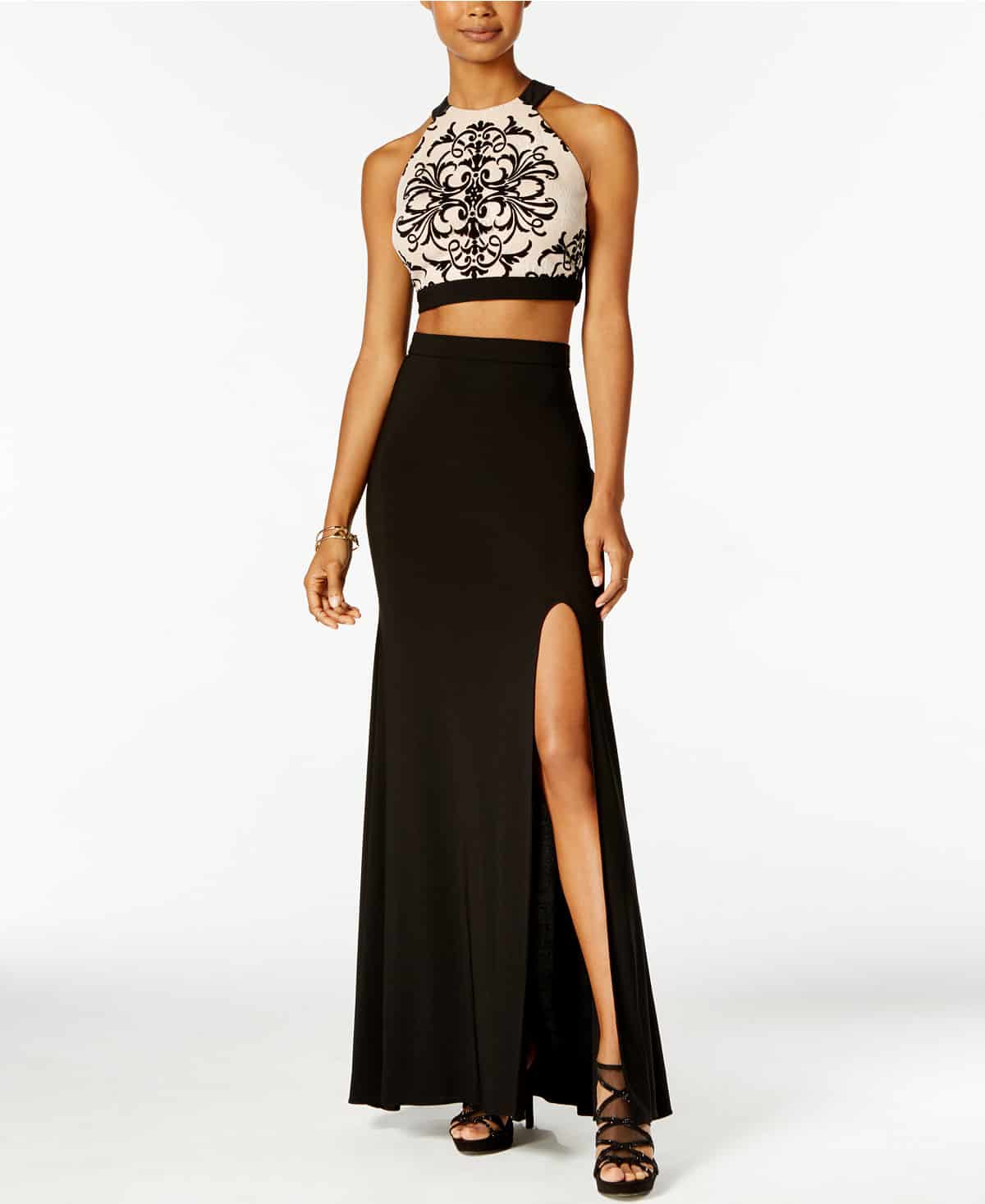 prom dress trends - the two-piece dress, a crop top and high-waited, full skirt
