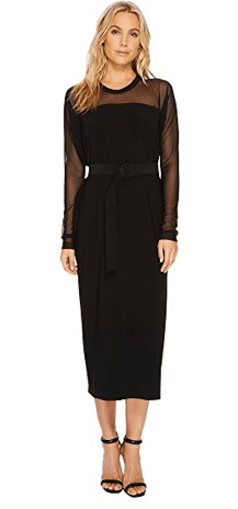 Midi length dress with long, sheer sleeves and belted waist 