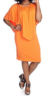 Plus size orange dress with elbow sleeve overlay