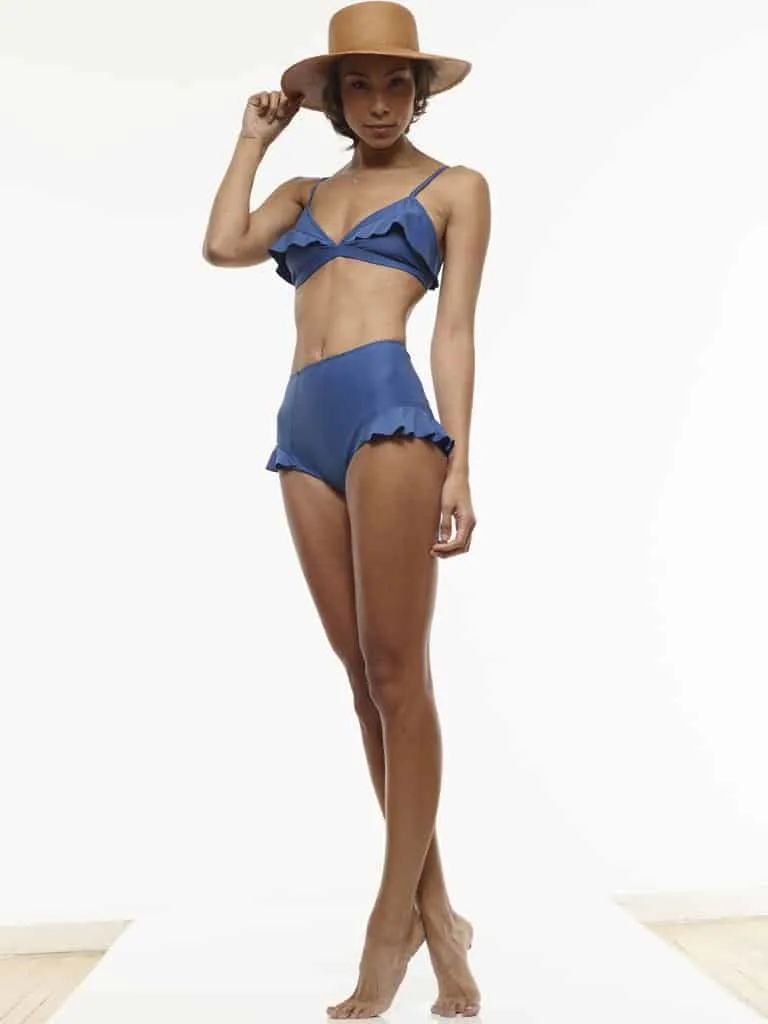 Blue, two-piece swimsuit with triangle top and full coverage bottoms