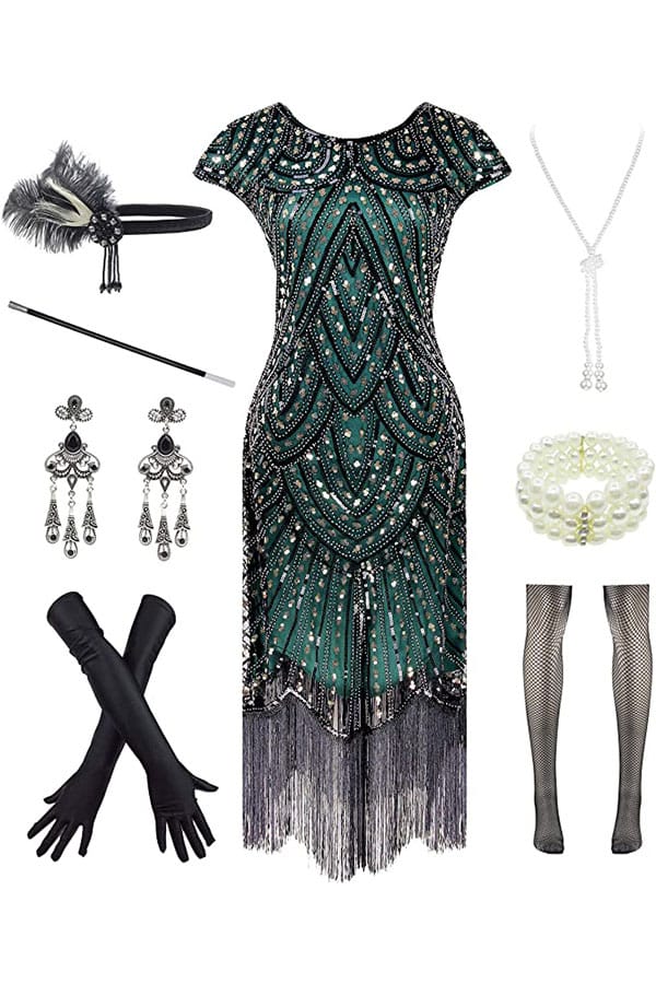 Flapper Halloween costume set with dress and accessories.