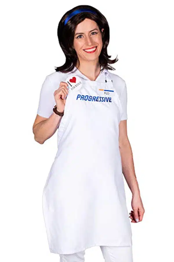 Woman wearing Halloween costume for Flo, Progressive Insurance personality.