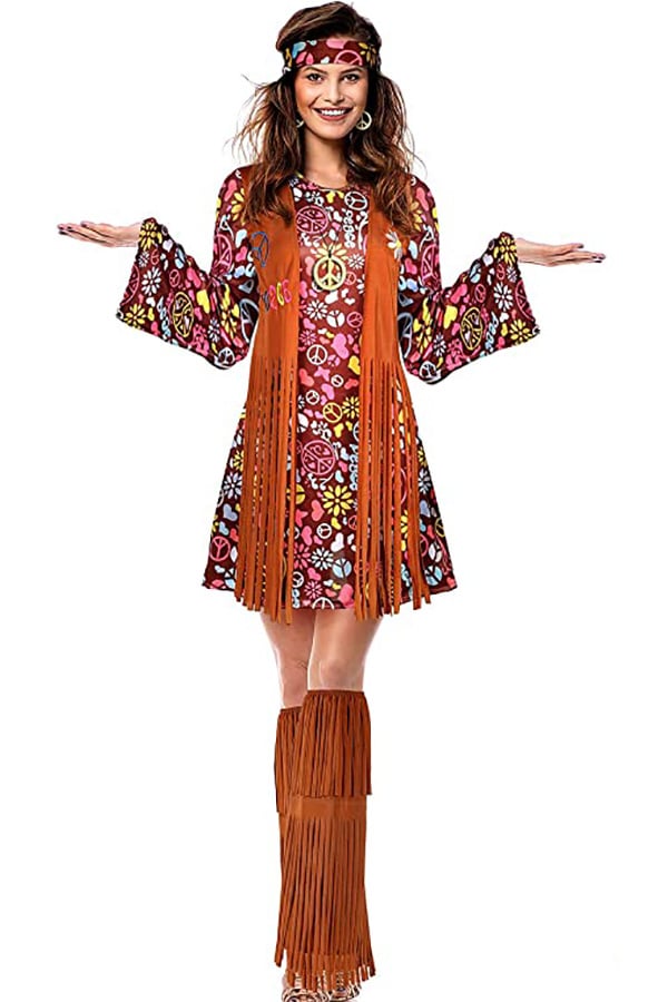 Model wearing hippie girl Halloween costume.