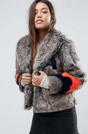 Fuzzy faux fur coat with varsity stripes