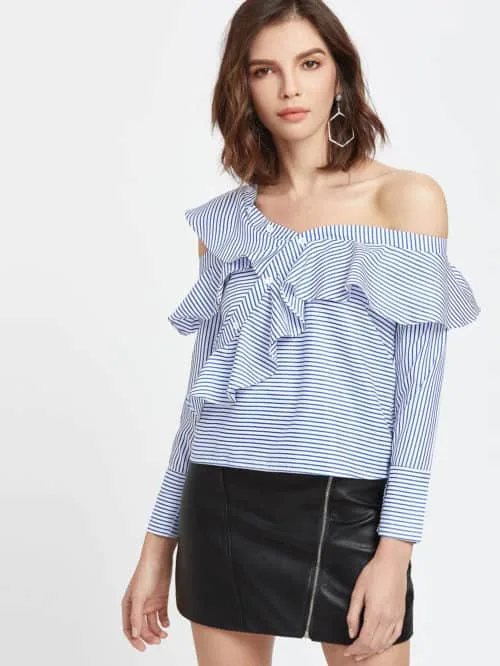 Blue and white striped one-shoulder top with ruffle at neckline