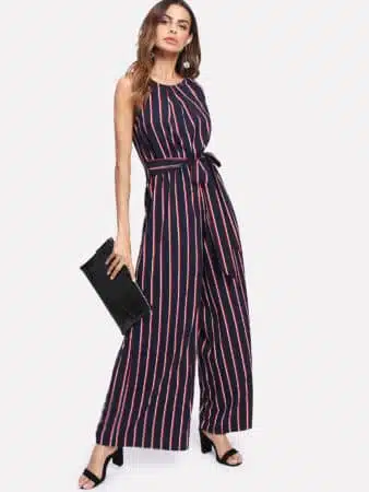 pink and navy striped jumpsuit