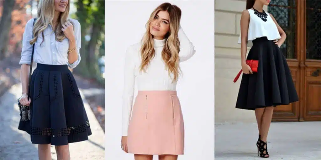 Collage of three outfits featuring A-line skirts