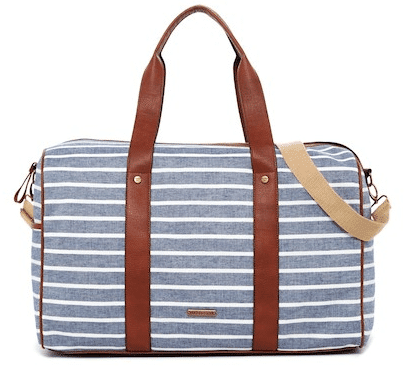 striped weekender bag with leather strap
