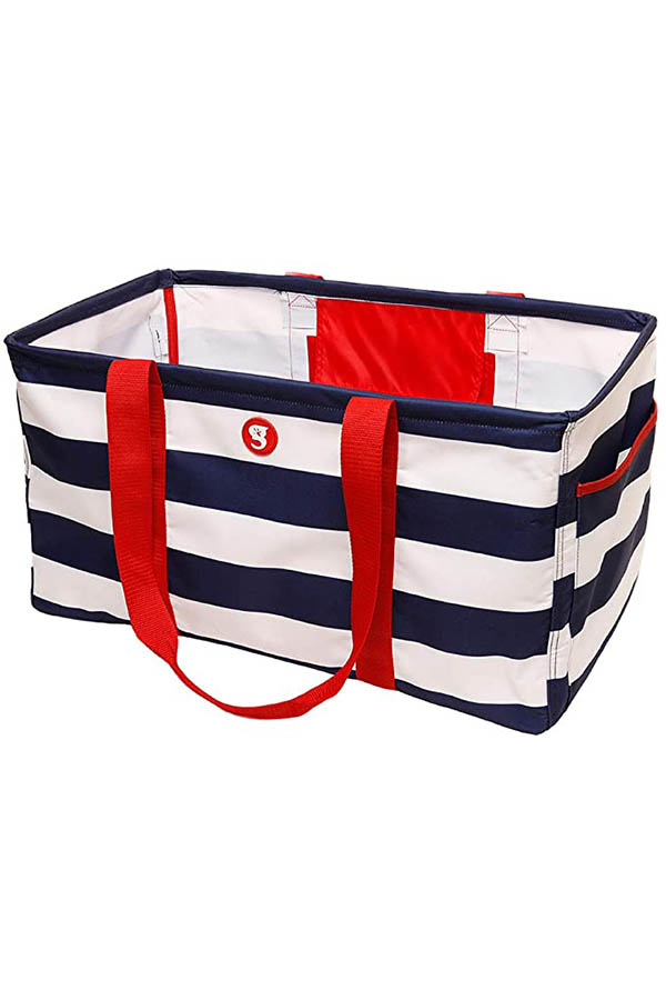 Red, white and blue tote against white background.