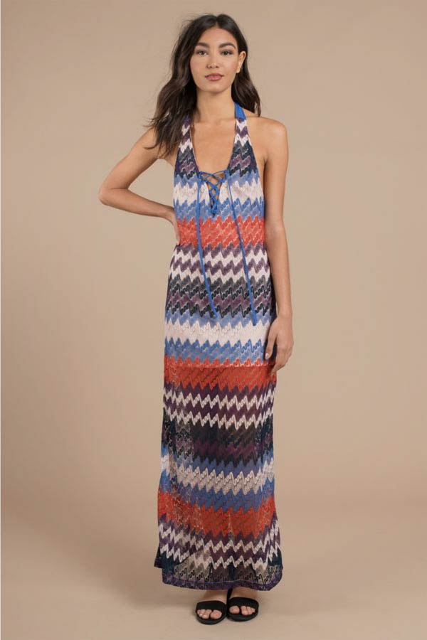 Model wearing red, white, and blue maxi dress.