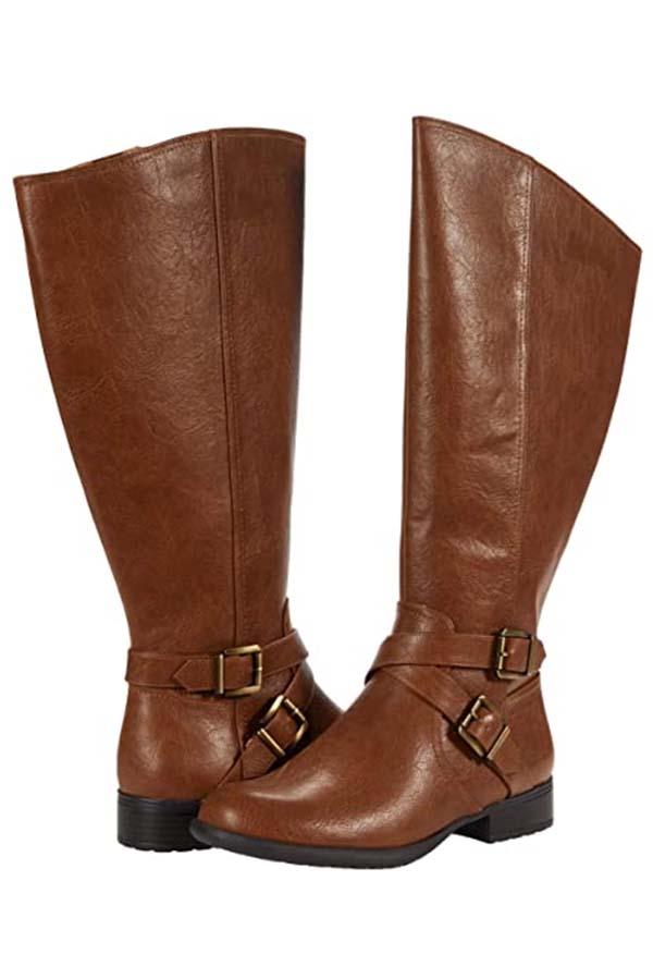 Brown leather tall boots with wide calves.