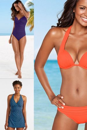Collage of women with caramel skin wearing bathing suits