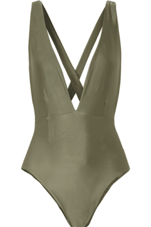 Green one piece swimsuit with plunging neckline