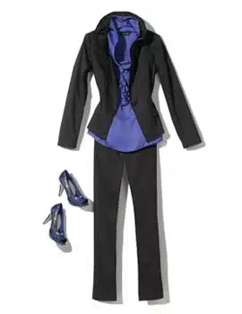Black casual women's suit and blue blouse