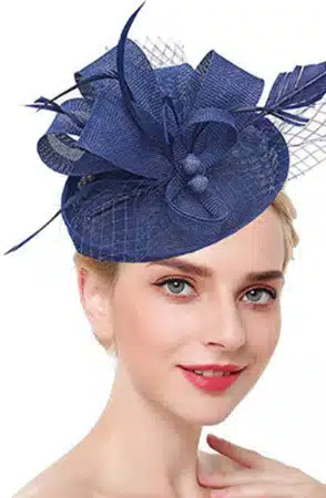 Woman wearing blue fascinator hat