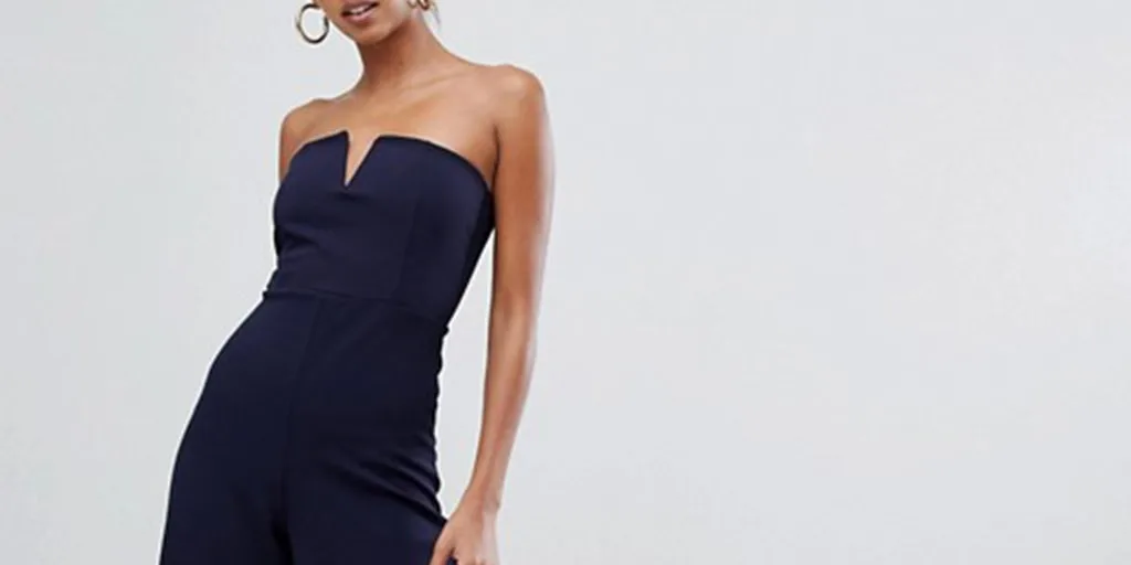 Navy jumpsuit with fitted bodice and wide leg