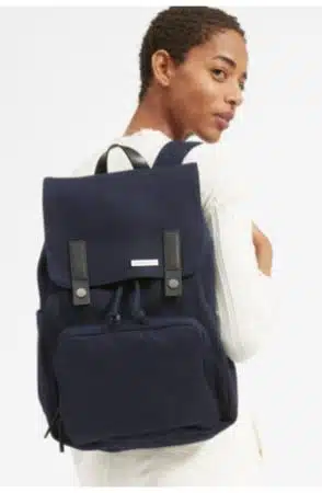 Navy backpack with leather detail