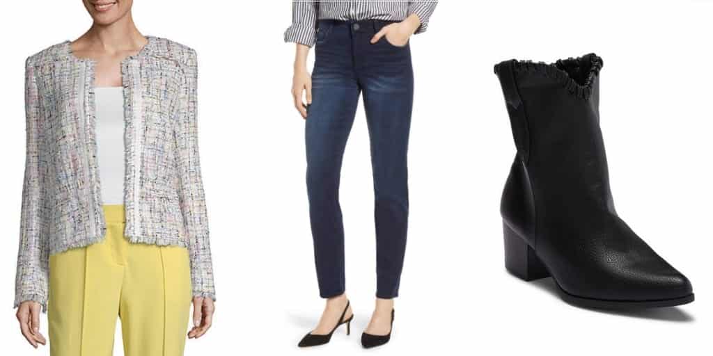 Outfit collage for petite women: blazer, jeans and ankle boots