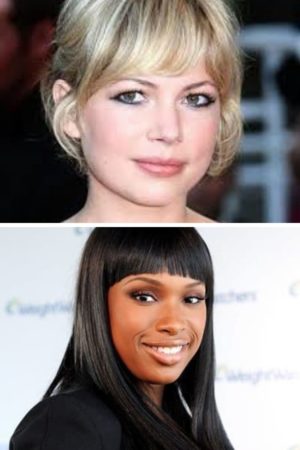 Collage of two celebrities with round faces and hairstyles with bangs