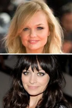Collage of two celebrities with square faces and hairstyles with bangs