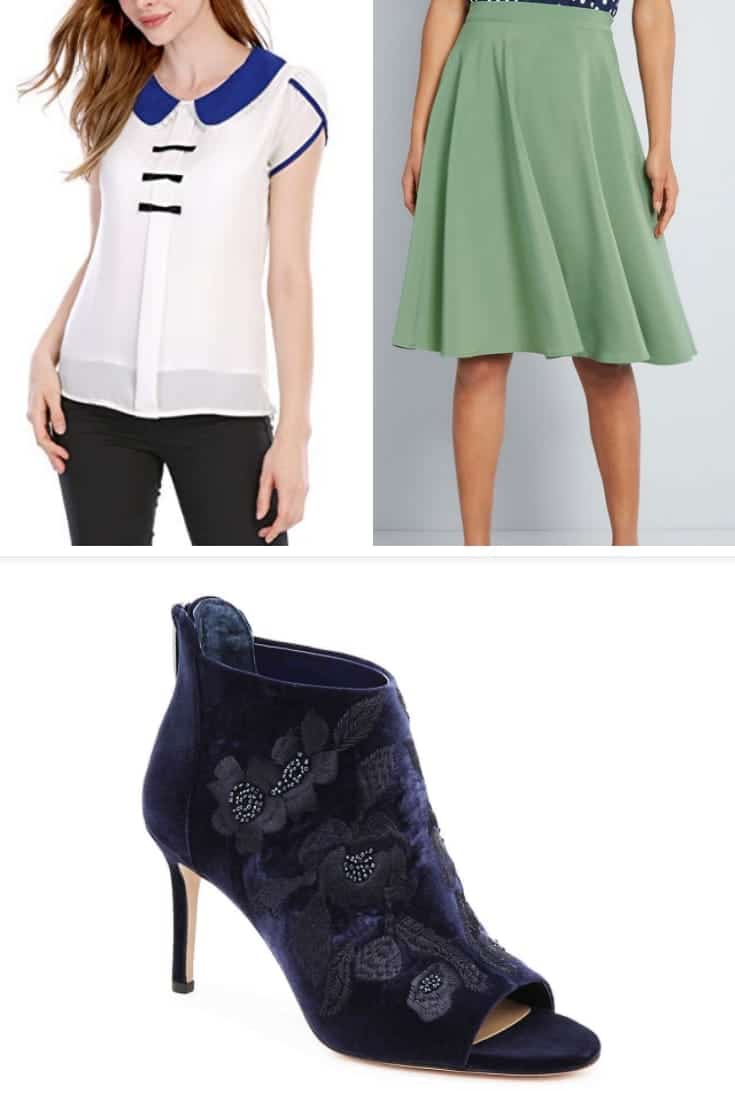 Spring work outfit collage of green skirt, white top and blue booties