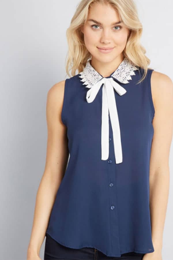 Blue and cream tie-neck blouse 