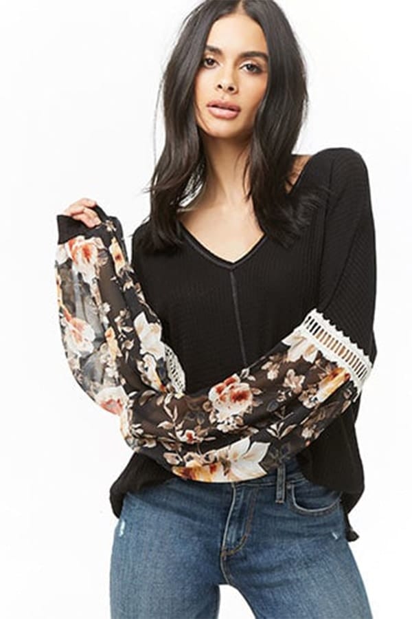 70s fashion trends - Black floral peasant top 