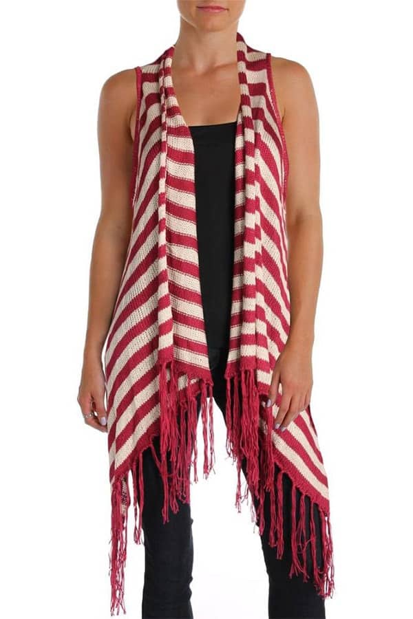 Red and white striped fringed long vest