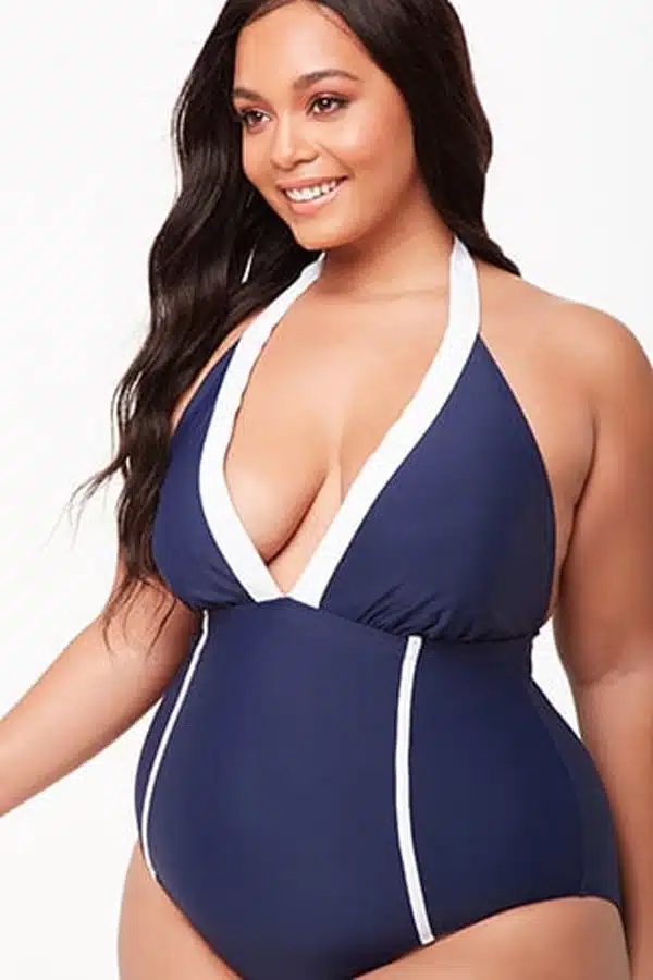 Navy blue and white one-piece swimsuit