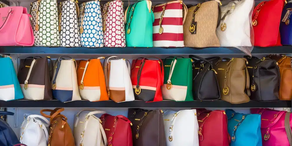 Fake handbags on rack