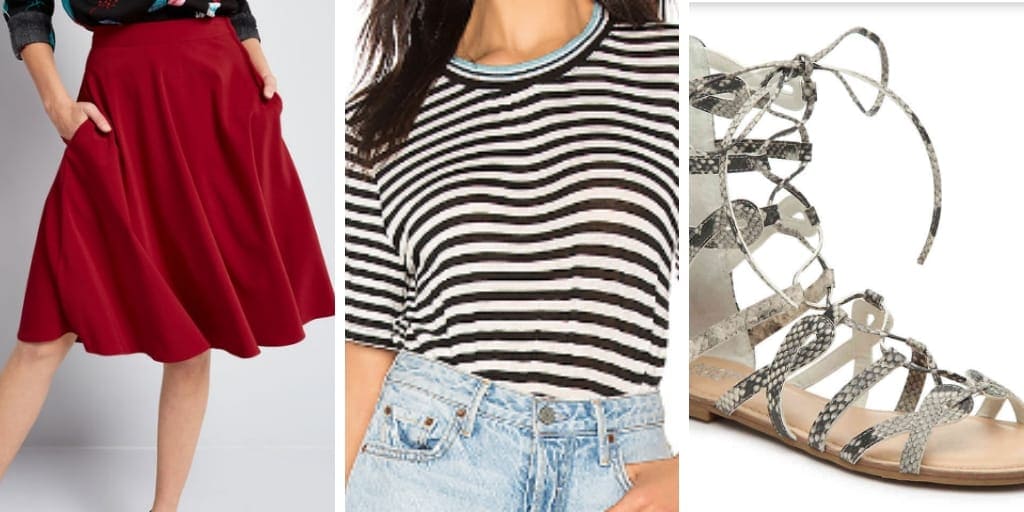 Outfit collage for pears: skirt, striped top and gladiator sandals