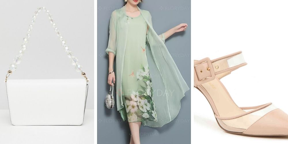 Wedding guest outfit: shoes, dress, handbag