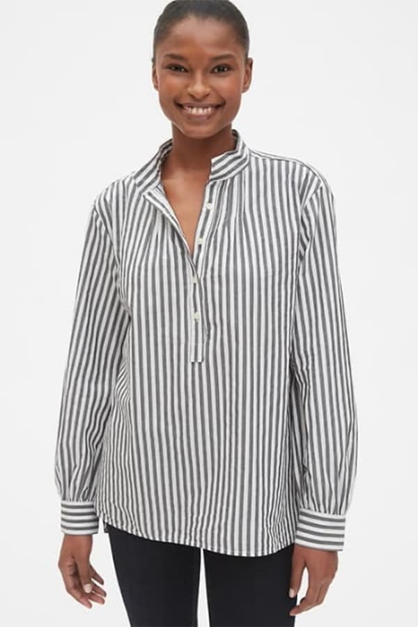 Women's work shirts: striped poplin shirt with mandarin collar