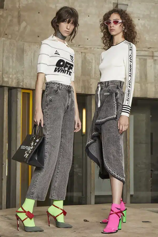 Two models wearing Off-White streetwear brand clothes
