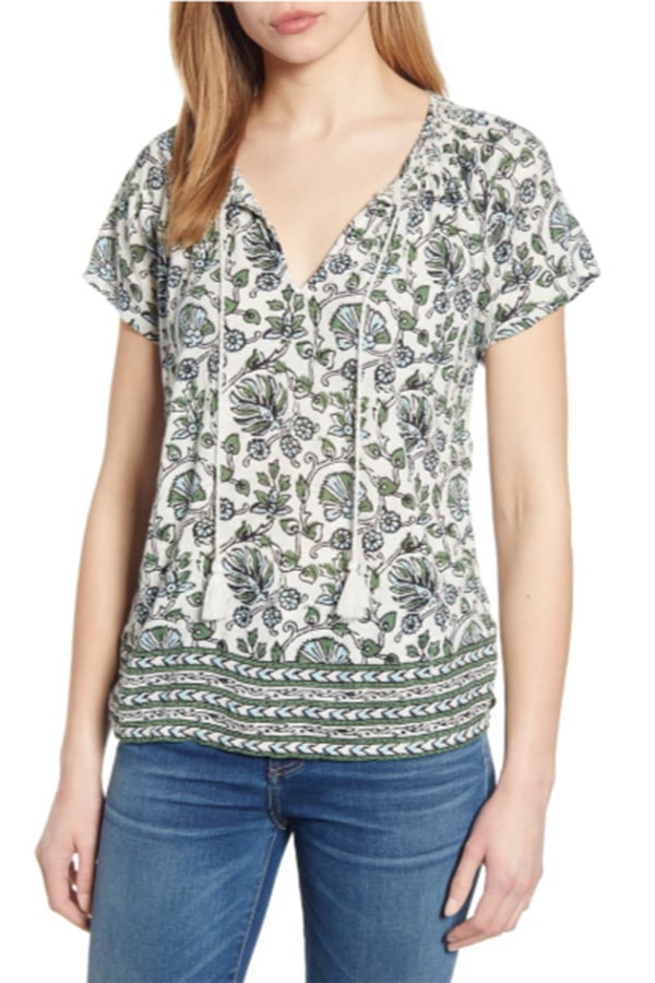 Patterned top with smocked neckline